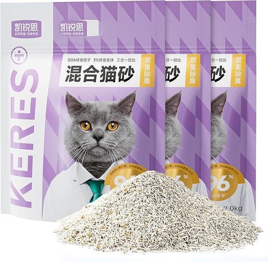 KERES Cat Litter Mixed- Ultra Absorbent, 99% Dust-Free, Advanced Odor Control, Fast-Clumping, Natural Clay & Tofu Blend, Low Tracking, Multi-Cat Formula (4.4lb*3bag)