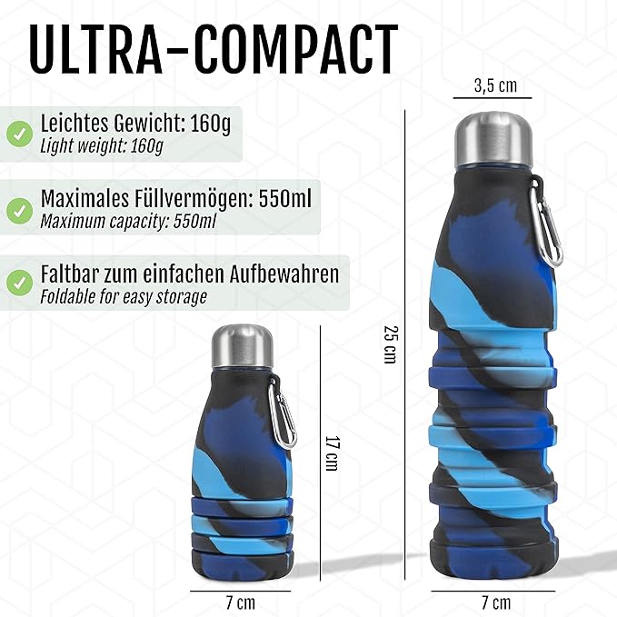 Foldable Drinking Bottle - BPA-free, leak-proof - Ideal festival accessory and practical outdoor companion with carabiner (Dark blue)