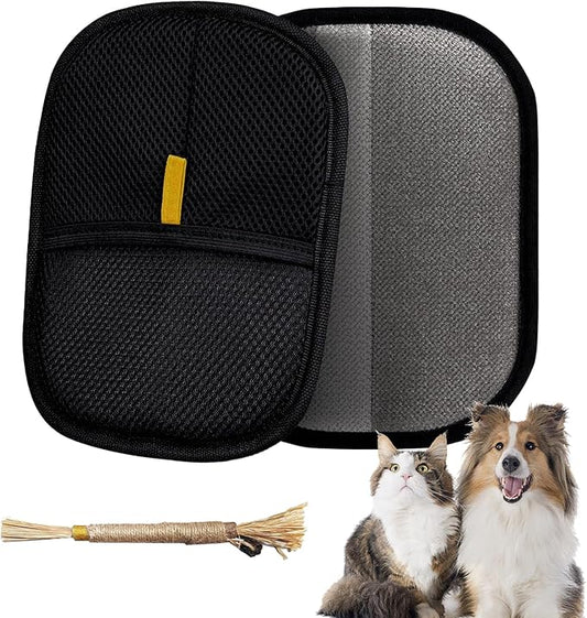 Pet Hair Removal Glove for Furniture, Carpet, Clothes and Car Seats, Electrostatic Cat & Dog Hair Removal Tool, Eco-Friendly Reusable Pet Hair Remover Glove with Silvervine Sticks (2 Gloves & 1 Stick)