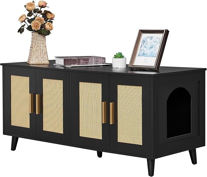 Homhedy Boho Cat Litter Box Enclosure for 2 Cats, Wooden Cat Washroom Furniture with Double Rattan Decorated Doors, Pet House,47.2”L x 19.7”W x 21.7”H, Black and Natural