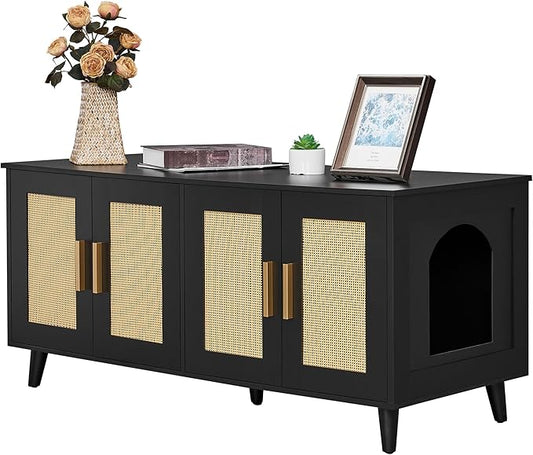 Homhedy Boho Cat Litter Box Enclosure for 2 Cats, Wooden Cat Washroom Furniture with Double Rattan Decorated Doors, Pet House,47.2”L x 19.7”W x 21.7”H, Black and Natural