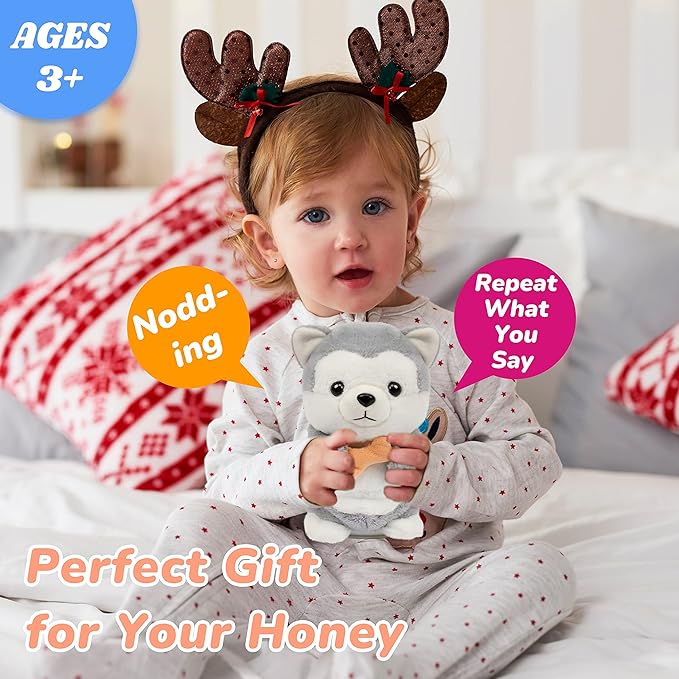 Hopearl Talking Husky Repeats What You Say Dog Nodding Electric Interactive Animated Puppy with Bone Toy Speaking Plush Buddy Gifts for Toddlers, Gray, 6.5''