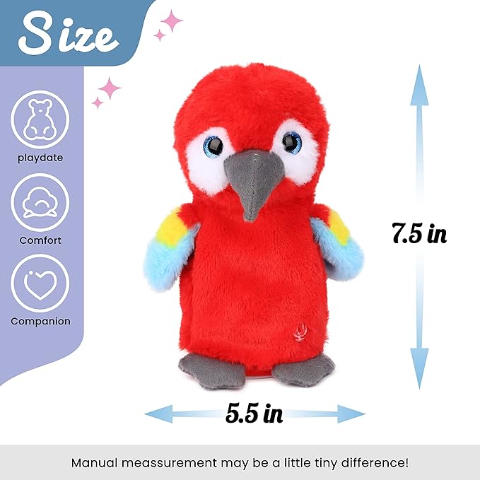 Hopearl Talking Parrot Repeats What You Say Nodding Electric Interactive Animated Toy Speaking Plush Buddy Gift for Toddlers, Red, 7.5''