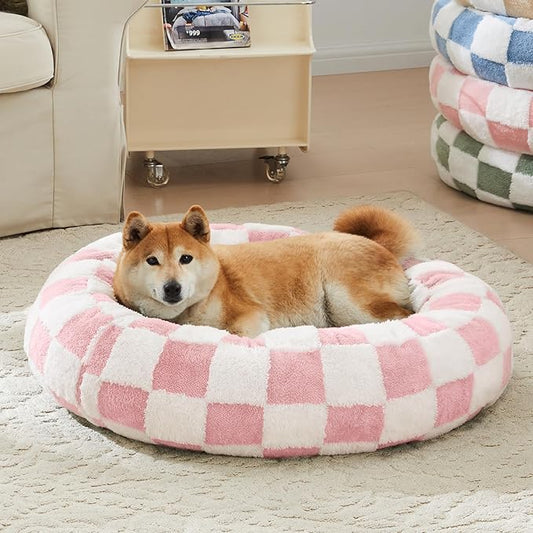 Checkered Dog Bed, Cute Girly Pink Retro Style Aesthetic Round Warming Pet Calming Beds for Small Dog and Cats, Plush Cozy Donut Dog Beds Washable, 30" L x 30" W x 8" Th