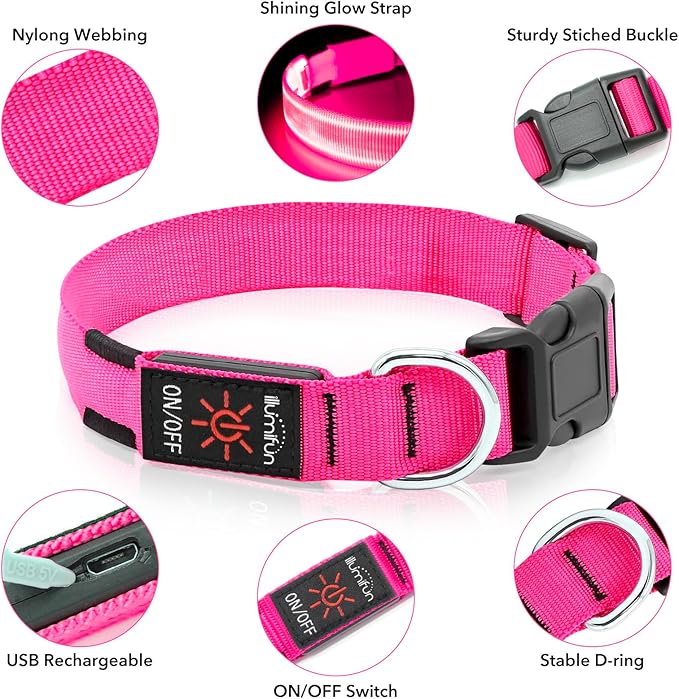Illumifun LED Dog Collar, USB Rechargeable Light Up Dog Collars, Waterproof Adjustable Safety Collar Light for Small Dogs Walking at Night (Pink, Small)
