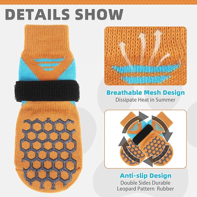 KOOLTAIL Dog Socks for Hot Pavement, Summer Breathable Dog Socks to Prevent Licking Paws, Non Slip Pet Boots&Paw Protectors for Hardwood Floor,Grippy Shoes for Small Medium Large Senior Dogs,Orange XL