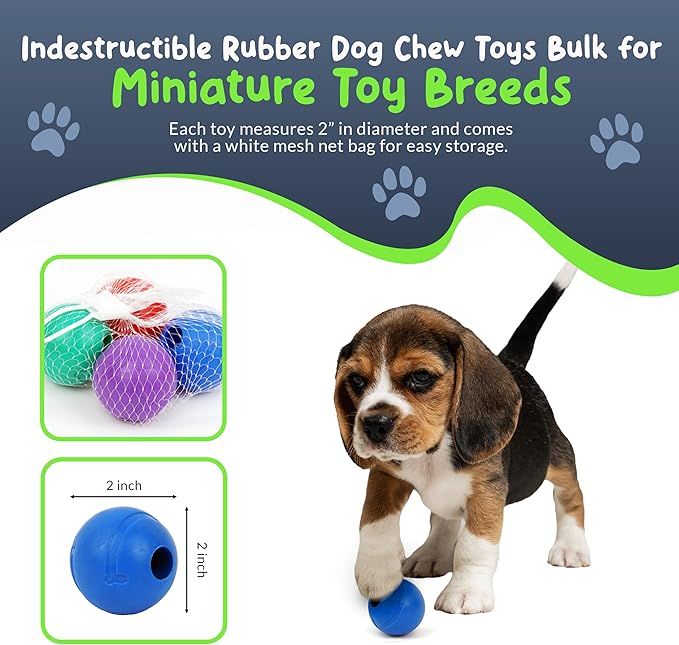 Balls for Aggressive Chewers - Small Dogs and Puppies - 2 Inch - 4 Pack - Indestructible Rubber Dog Chew Toys Bulk for Miniature Toy Breeds