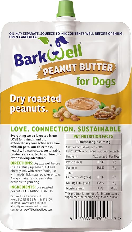 Peanut Butter Squeeze - 8oz Pouch All-Natural Dog Peanut Butter, Sourced and Made in The USA Grain Free Dog Treat 100% Natural, Lick mat Topper, Puzzle Toy Fill