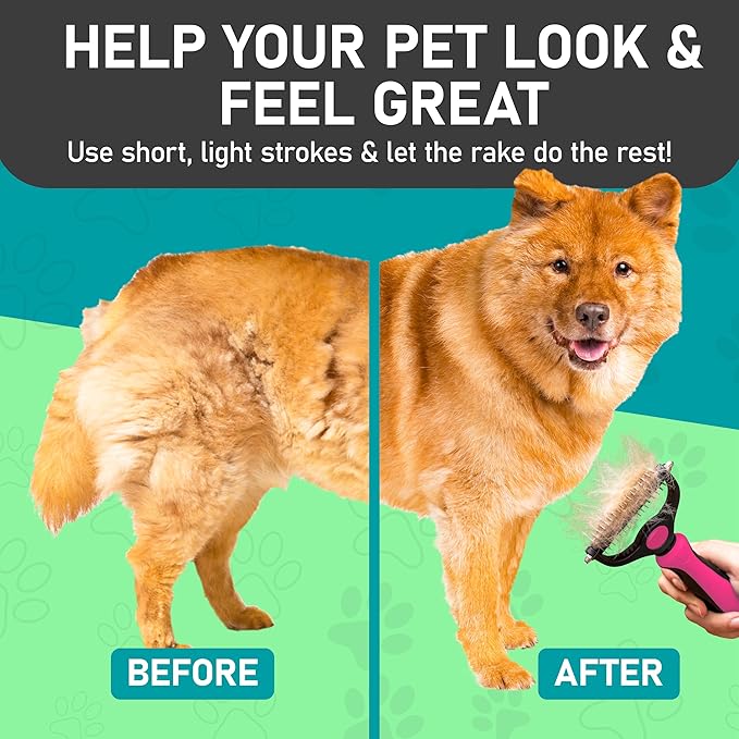 Maxpower Planet Hair Brush - Double Sided Shedding, Dematting Undercoat Rake for Dogs, Cats - Extra Wide Dog Grooming Brush, Pink