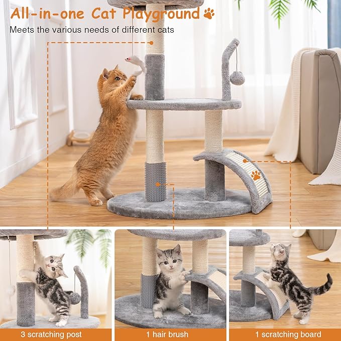 Large Cat Tree Tower with Scratching Post, Modern Kitten Tower for Indoor Cats, Sturdy Tall Carpet Sisal Cat Scratcher Stand with Big Bed Perch,Scratch Ramp,Ball Toy for Kitty Play -Grey