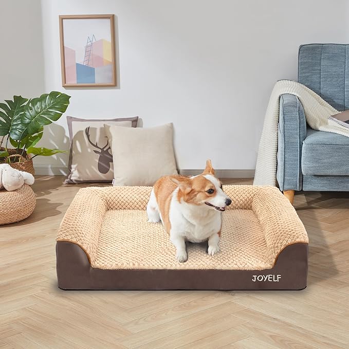 JOYELF Orthopedic Dog Bed for Extra Large Dogs, U-Shaped Foam Sofa Couch Bed, Bolster Waterproof Pet Bed with Removable Washable Cover and Nonskid Bottom for Dogs - Coffee