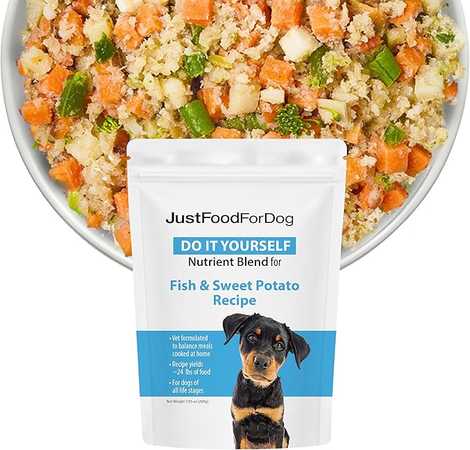 JustFoodForDogs DIY Nutrient Blend for Homemade Dog Food, Fish & Sweet Potato Recipe, 5.92oz