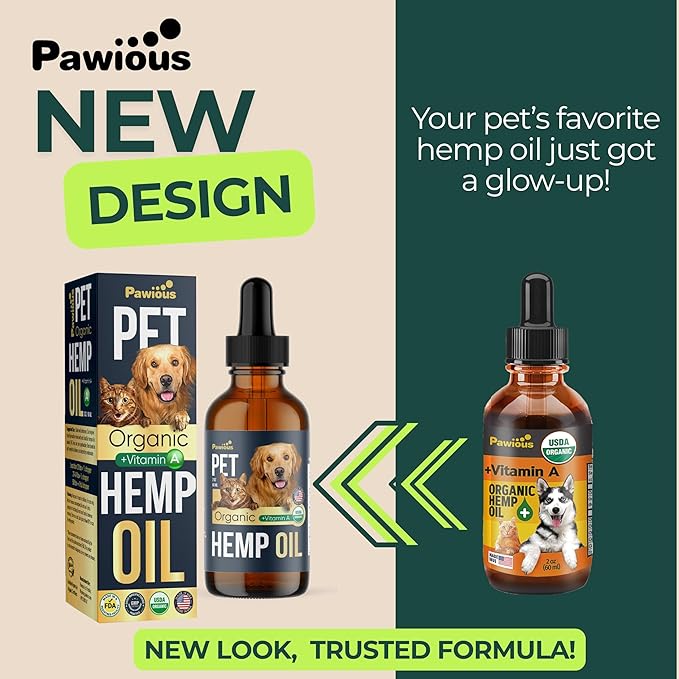 Hemp Oil for Dogs and Cats - USDA Organic, Large 2oz Bottle, Made in USA - Omega 3, 6 and 9, Vitamins A and E - Hip and Joint Support - Anxiety, Arthritis and Seizures Relief, Calming Aid
