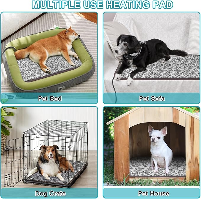 Large Dog Heating Pad for Dogs, Pet Heating Pad Electric, Waterproof, Heated Dog Bed with Timer, with Smart Thermostat Switch, Add Wire Rope with Blue Fabric Cover (Rose, 34x21 in)