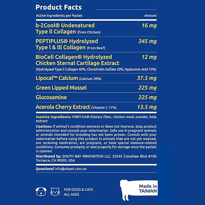 Oh!Pet® Hip & Joint Glucosamine for Dogs & Cats – UC2 & Collagen (30 Packets)