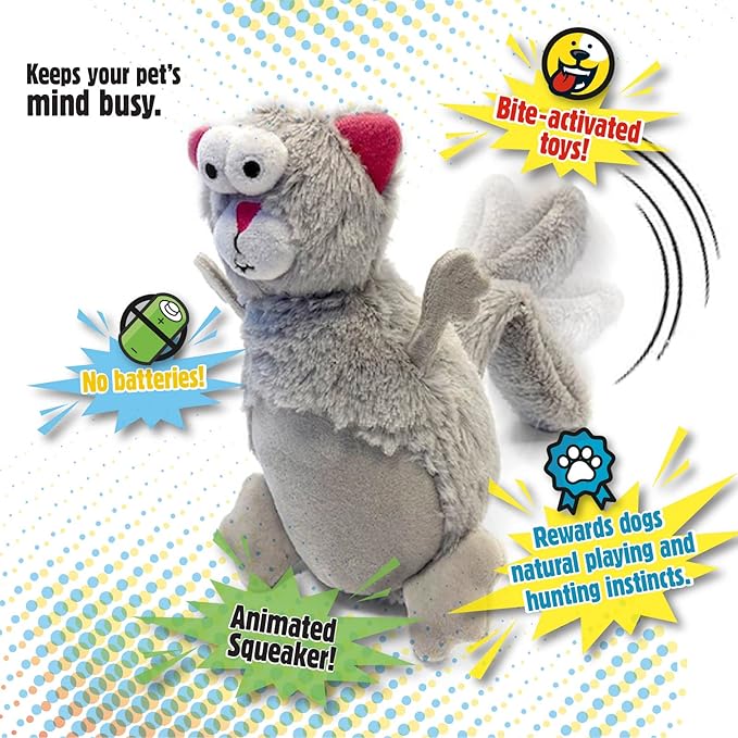 goDog Action Plush Squirrel Animated Squeaky Dog Toy, Chew Guard Technology - Gray, One Size