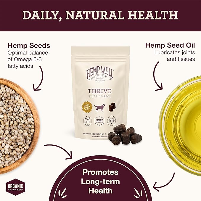 Hemp Well Thrive Chews for Dogs – Support Hip, Joint, and Heart Health, Promotes Immune and Skin Health, Organic. – 8 Count