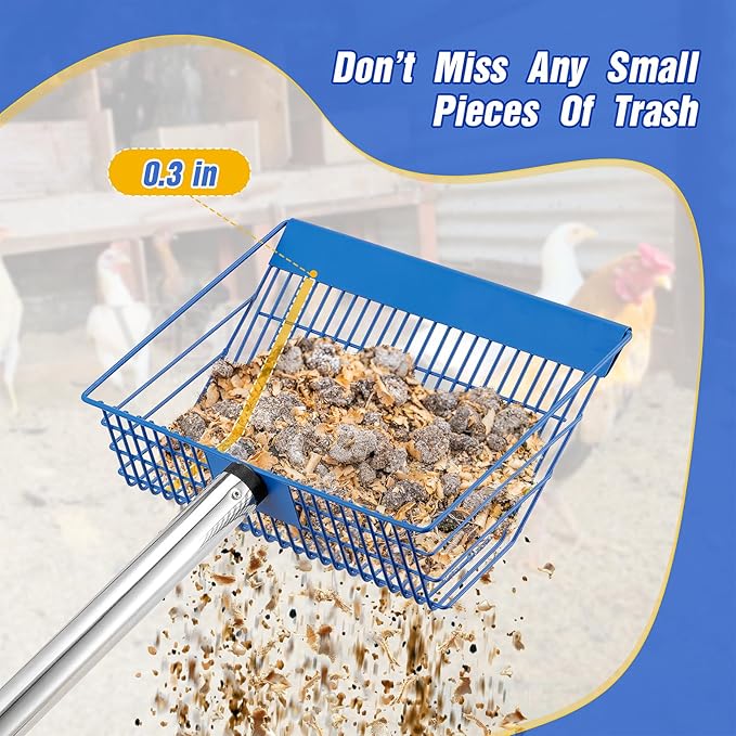 Large Chicken Poop Scooper, Heavy Duty Chicken Coop Scoop for Sand, 35" to 64" Adjustable Stainless Steel Handle, Multifunctional Sifting Shovel for Chicken Coop/Goat Stall/Stable Cleaning