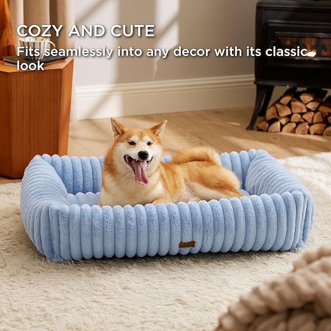 Bedsure Washable Dog Bed for Medium Dogs - Cute Furry Puppy Beds, Rectangle Orthopedic Corduroy Fleece Pet Beds with Removable Zipper Cover, 30x24x8inches, Blue