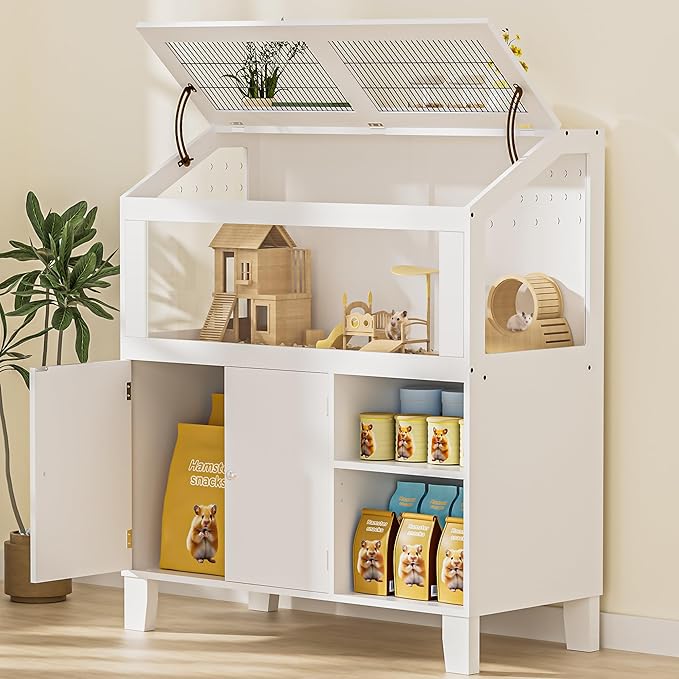 Hamster Cage, Large Hamster Cage with Storage Cabinet, Large Habitat with Easy View Acrylic Panels, Wooden Small Animal Cages for Guinea Pigs, Rabbits, Gerbils, Hedgehogs, White