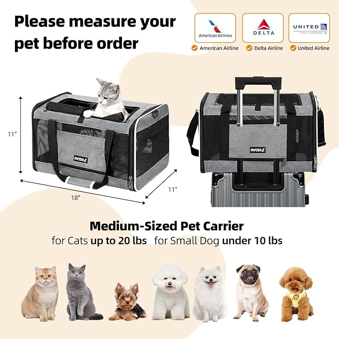 Cat Carrier Soft-Sided 18x11x11 Inch Travel Bag for Medium Cats Over 15lbs, Small Dog Carrier Crate Top Entry Breathable Mesh Puppy 12 Pounds, Pet Rabbit Carrying Cage Kennel Collapsible Grey