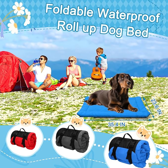 Foldable Waterproof Outdoor Dog Bed - Portable Roll Up Pet Mat for Patio, Crate & Travel, Pet Bed for Small to Medium Dogs, Indoor & Outdoor Use (Blue)