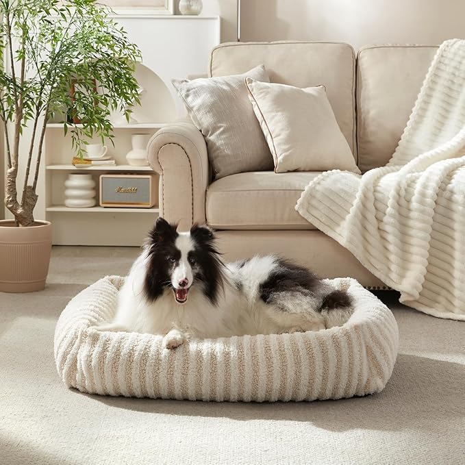 MIXJOY Dog Bed Large Size, Washable Large Dog Beds with Removable Cover, Rectangle Pet Beds for Big Dogs, Soft Warming Calming Pet Bed with Non-Slip Bottom, 36"x27"x8", White