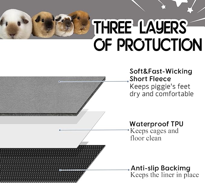 Guinea Pig Cage Liner, 4 Pack - Washable, Reusable, Leakproof Fleece Bedding Pads for Small Animals with Anti-Slip Bottom - for Midwest Kitchen/17''X23'' Area, Gray