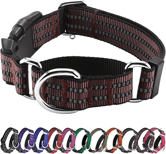 Hikiko Martingale Dog Collars Reflective Nylon Dog Collar with Quick Release Buckle Adjustable Training No Slip Dog Collar (Small, Coffee Brown)