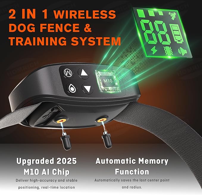 Homrich 2 in 1 GPS Wireless Dog Fence and Training Collar, IPX7 Waterproof Pet Containment and Behavior Training Fence Dog Collar for Medium to Large Dogs (Upgraded M10 Chip)