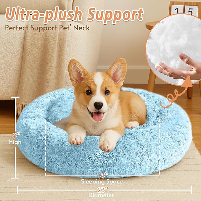 JOLLYVOGUE Calming Dog & Cat Bed for Small Dogs, Anti-Anxiety Donut Cuddler Cozy Soft Round Bed with Anti-Slip Bottom, Fluffy Faux Fur Plush Cushion Beds for Small Medium Pets (23")
