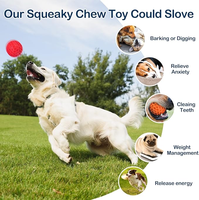 2 Pack Indestructible Squeaky Dog Balls for Aggressive Chewers, Durable Rubber Chew Toys for Teething, Anxiety Relief Perfect for Large, Medium Breeds, Indoor Outdoor Use