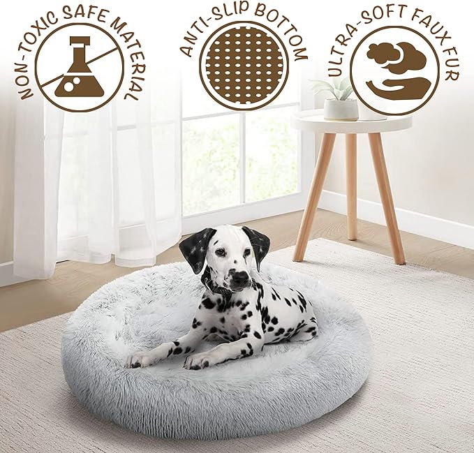 Friends Forever Donut Dog Bed Faux Fur Fluffy Calming Sofa For Small Dogs, Soft & Plush Anti Anxiety Pet Couch For Dogs, Machine Washable Coco Pet Bed with Non-Slip Bottom, 23"x23"x6" Ivory