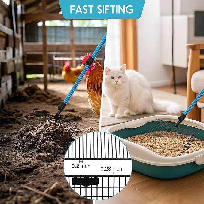 Large Chicken Poop Scooper & Rake: 22"-41" Extendable Long Handle Metal Chicken Coop Scooper with Detachable Heavy Duty Litter Sifting Shovel for Pet Waste | Chicken Coop Accessories