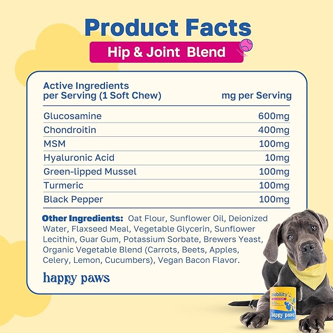 Happy Paws Mobility Hip & Joint Health Support for Dogs, Soft Chews with Glucosamine, Chondroitin, Msm, Green Lipped Mussel, Turmeric & Hyaluronic Acid, Organic, Bacon Flavor, 100 Count