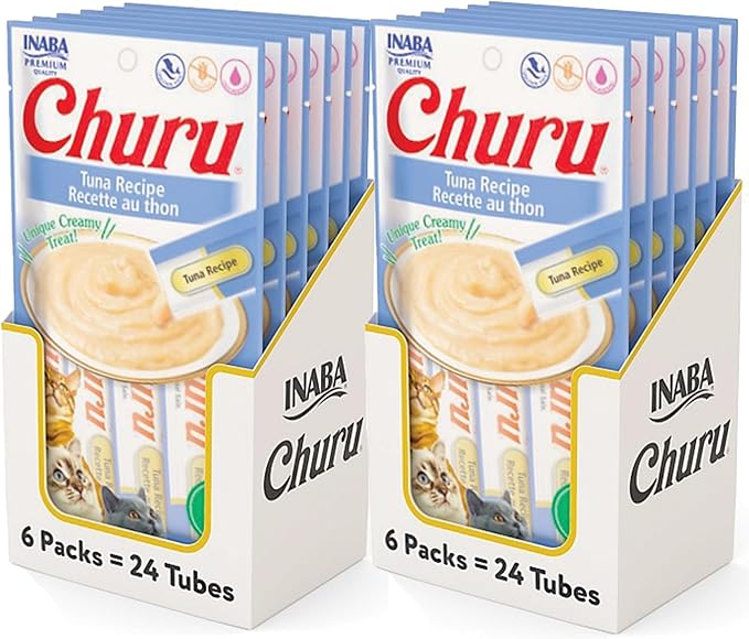 INABA Churu Cat Treats, Grain-Free, Lickable, Squeezable Creamy Purée Cat Treat/Topper with Vitamin E & Taurine, 0.5 Ounces Each Tube, 48 Tubes (4 per Pack), Tuna Recipe