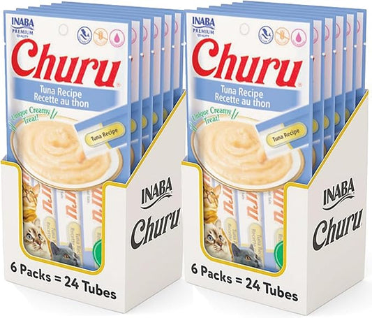 INABA Churu Cat Treats, Grain-Free, Lickable, Squeezable Creamy Purée Cat Treat/Topper with Vitamin E & Taurine, 0.5 Ounces Each Tube, 48 Tubes (4 per Pack), Tuna Recipe
