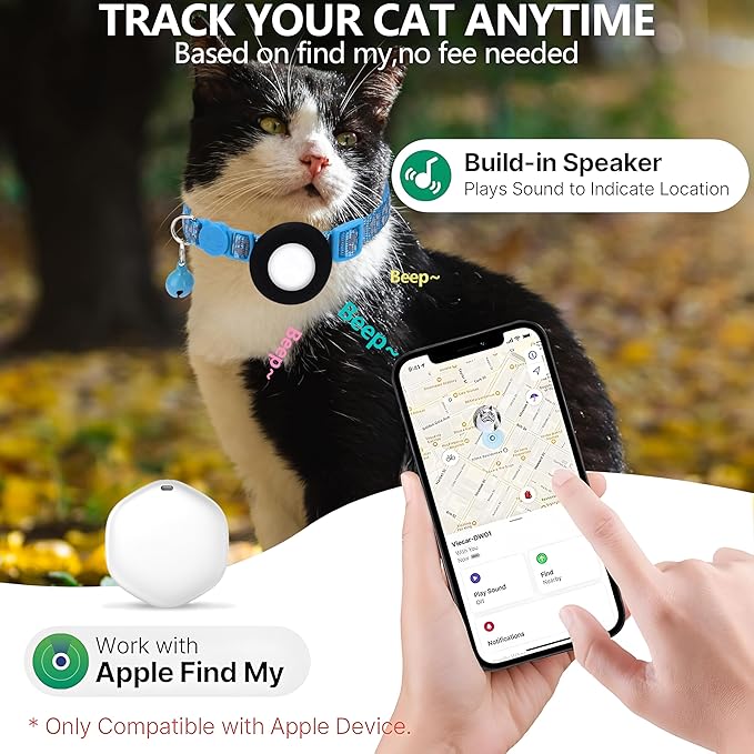 GPS Tracker for Cats, Mini GPS Pet Tracker with Collar, IP68 Waterproof Cat Trackers Collar,No Monthly Fee,Work with Apple Find My(iOS Only),Smart Trackers for Pets(Blue)