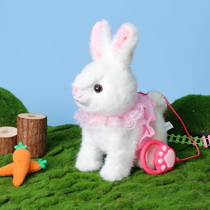 Hopearl Hopping Bunny Interactive Electronic Rabbit Toy Remote Control Leash Animated Pet Repeat What You Said Singing Gifts for Toddlers, White, 12''