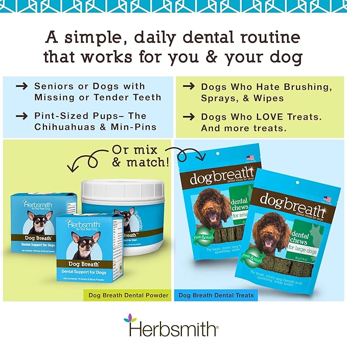 Herbsmith Dog Breath - Dog Dental Care Solution - Natural Dog Breath Freshener That Tackles Tartar - Dental Powder for Dogs - 75g Powder