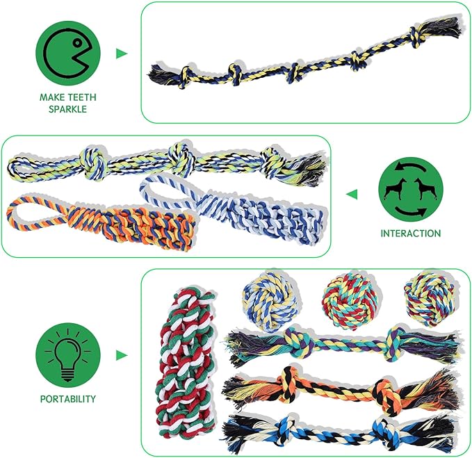 15pc Heavy Duty Dog Rope Toys Tough Tug of War Dog Toys, 100% Cotton Tug Toy for Boredom for Large/Medium/Small Dogs for Chewing, Playing, Teething, Teeth Cleaning, Tossing and Catching.