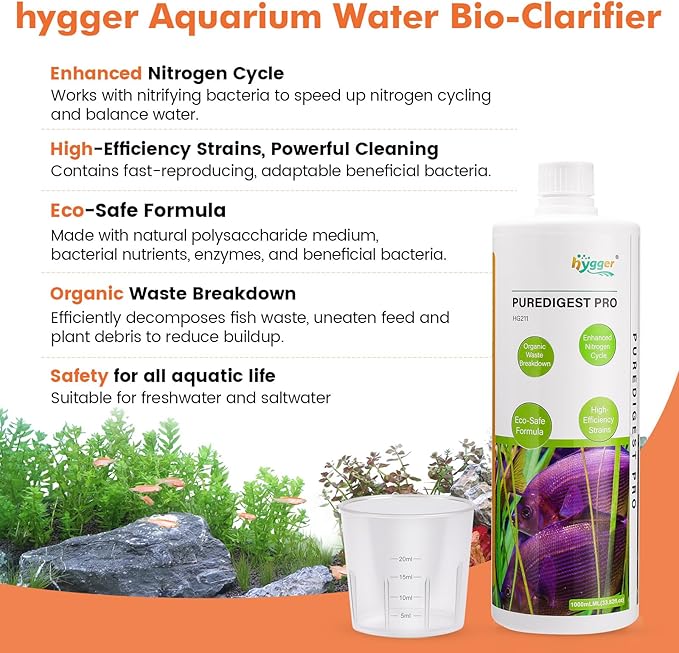 hygger Aquarium Water Bio-Clarifier, Reducing Fish Waste and Cleaning Organic Sludge, Natural Fish Tank Aquarium Leave-in Waste Management Solution for Freshwater and Saltwater Tanks, 1000 ML
