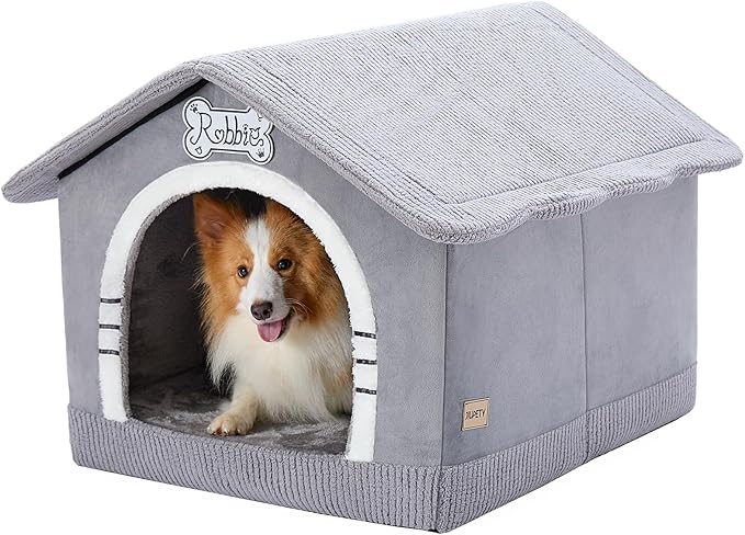 Jiupety Indoor Dog House with Frame, Large Dog Cave Bed, Insulated Cozy, Suitable for 25-60 lb, Large Plus (30"×26"×25"), Gray