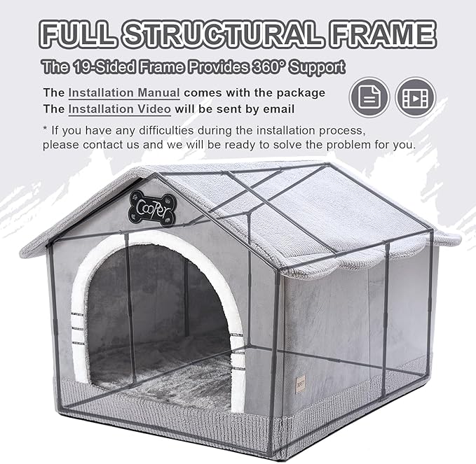 Jiupety Indoor Dog House with Frame, Large Dog Cave Bed, Insulated Cozy, Suitable for 60-100 lb, Jumbo (38"×30"×28"), Gray