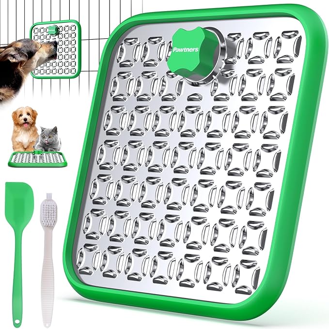 Stainless Steel Large Lick Mat: Dog Lick Mats for Large Dogs, Cat Licking Pads for Crate Boredom & Anxiety Reduce, Slow Feeding, Cat Slow Feeder Mat with a Spatula, Scrubbing Brush, Green