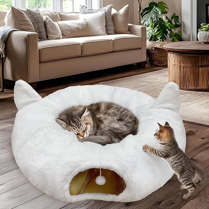 OurWarm White Cat Tunnel Bed Under Christmas Tree, Fluffy Plush Cat Tunnel Christmas Tree Skirt, Collapsible Peekaboo Donut Cave with Washable Mat and Hanging Ball for Indoor Small Animals