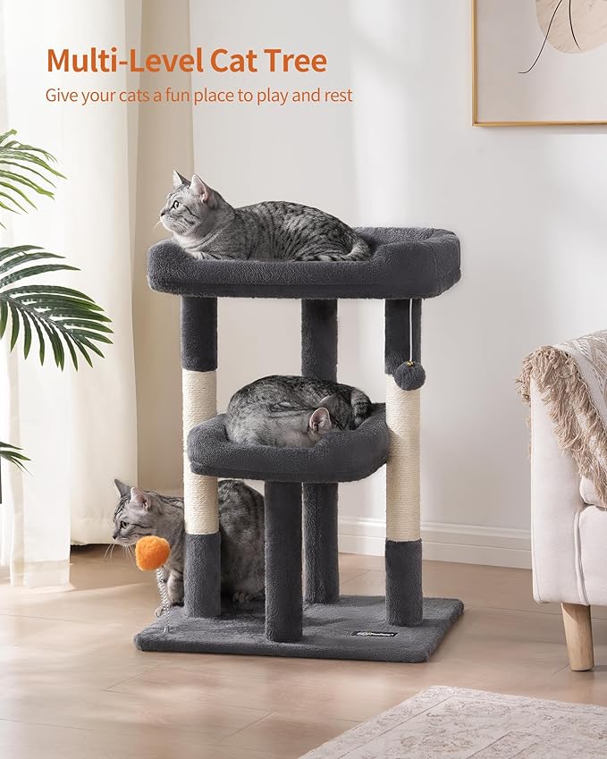 FourFurPets 27.6-Inch Cat Tree, Cat Tower for Indoor Cats, Cat Condo for Large Cats, Small Cat Tree with Scratching Post, Toy Balls, for Kittens, 2 Soft Platform, Dark Gray