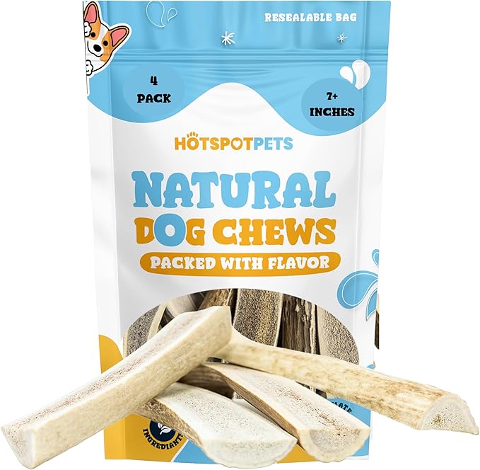 hotspot pets Premium Split Elk Antlers for Dogs - 7+ Inch Large Dog Antler Chews (4 Pack) Made in USA, Naturally Shed Antler Bone for Large Breed Aggressive Chewers - Promotes Dental Hygiene
