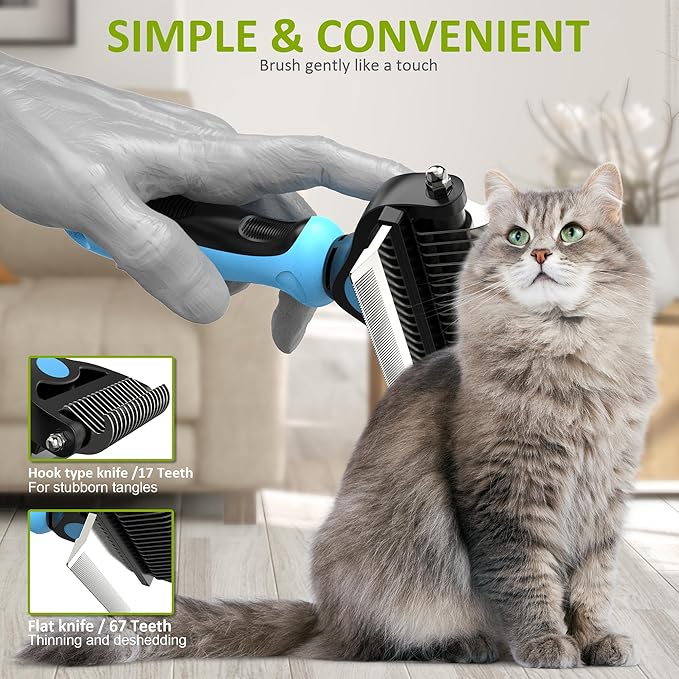 Spring Blossoms-2 in 1 Professional Grooming Rake for Cats & Dogs-Dematting Comb for Easy Mats & Tangles Removing,Pet Brush Safe No More Nasty Shedding and Flying Hair (Blue)