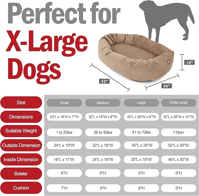 Majestic Pet 52 Inch Suede Shredded Memory Foam Mix Calming Extra Large Dog Bed Washable 52 x 35 x 11 (Inch) - Cozy Soft Donut Round Dog Bed with Spine for Head Support - Pet Bed Stone